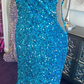 Blue Sequin Plunge V Mermaid Long Prom Dress with Slit      fg5308