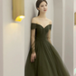 Green Tulle Long A-Line Prom Dress, Off the Shoulder Long Sleeve Tulle Party Dress       fg5227