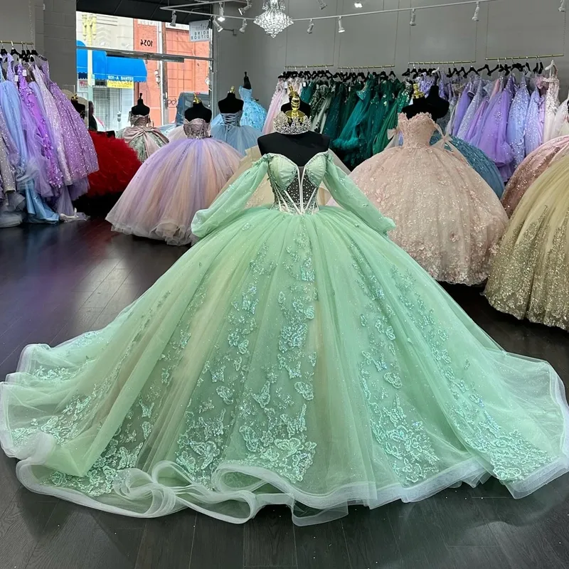 Green Off The Shoulder Ball Gown Quinceanera Dress Tull Princess Vestidos De 15 Anos Birthday Party Sweet 16 Dress      fg5470