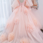 V-Neck Tulle Long Prom Dress, A-Line Puff Sleeve Princess Dress     fg5705