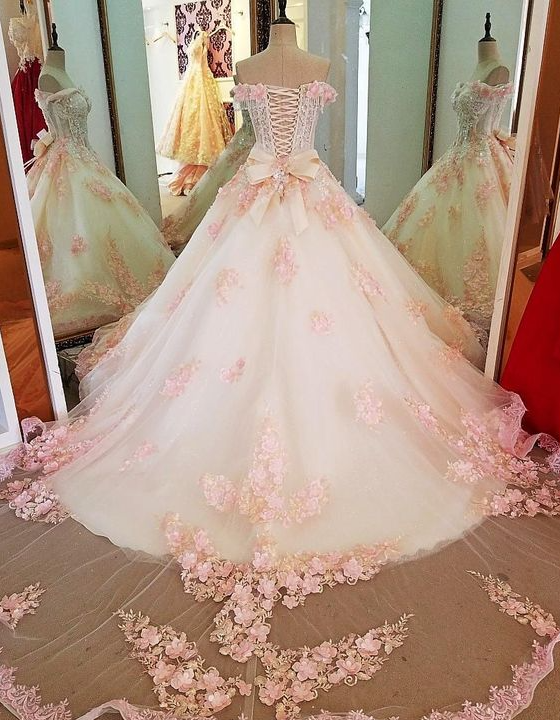 Sweet 16 Dresses Pink Lace Floral Prom Dresses Ball Gown Off The Shoulder Elegant Beaded Luxury Prom Gown        fg4334