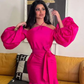 Hot Pink Halter Prom Belt Puff Sleeve Midi Party Dress Elegant Dubai Evening Dresses      fg5903