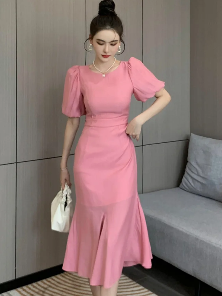 Classy Pink Puff Sleeves Mid-length Prom Dress,Pink Evening Dress    fg4680