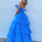 A-line Off-the-Shoulder Pink Ruffle Layers Tulle Long Prom Dress     fg3628