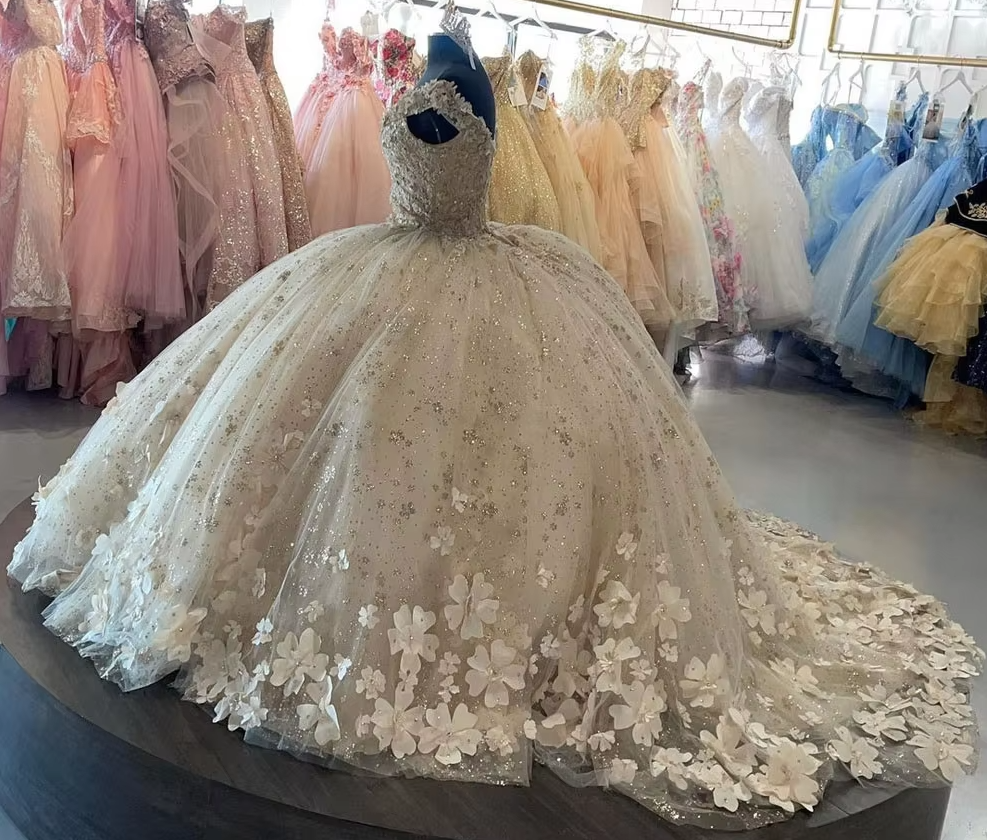 Sweet 16 Quinceanera Dresses Floral Applique Tulle Ball Gown      fg6823