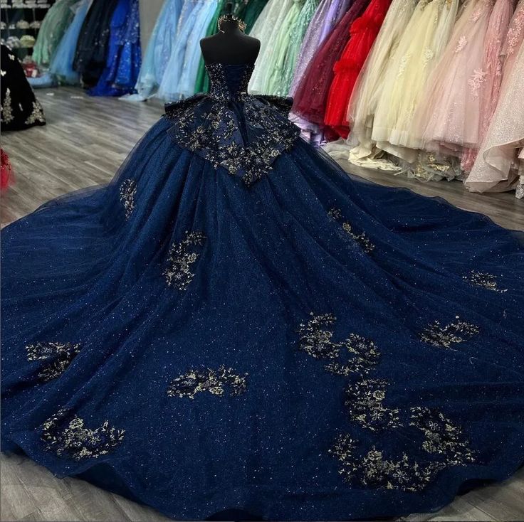 Navy Blue Sparkly Princess Quinceanera Dresses Applique Peplum Corset vestido de 15 quinceañeras Sweet 16 Ball Gown   fg6840