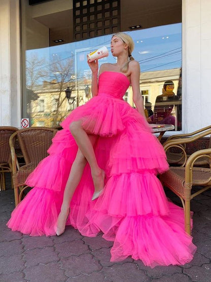 Hot Pink High Low Tulle Long Prom Dresses, Hot Pink High Low Formal Graduation Dresses     fg3179