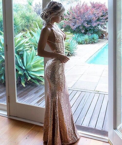 Champagne Sequins V Neck Backless Prom Dress      fg3115