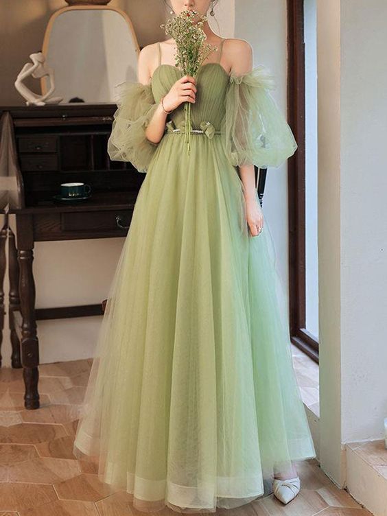 green tulle a line long prom dress, green tulle formal dress   fg2704