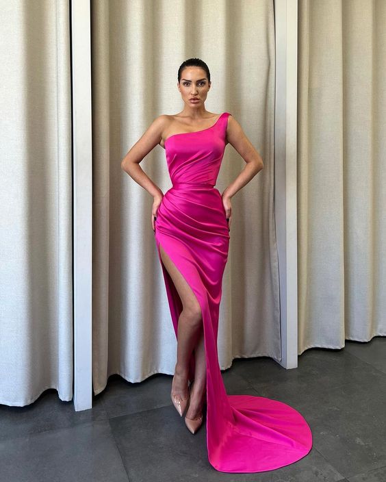 Sexy Mermaid One Shoulder Fuchsia Satin Long Prom Dresses With Slit      fg3037