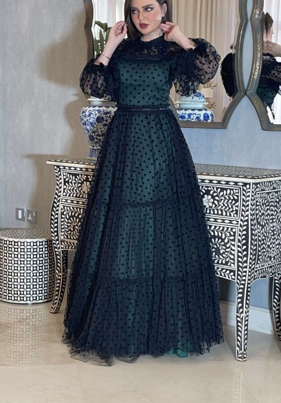 Black prom dresses long sleeve a line evening dresses    fg2921