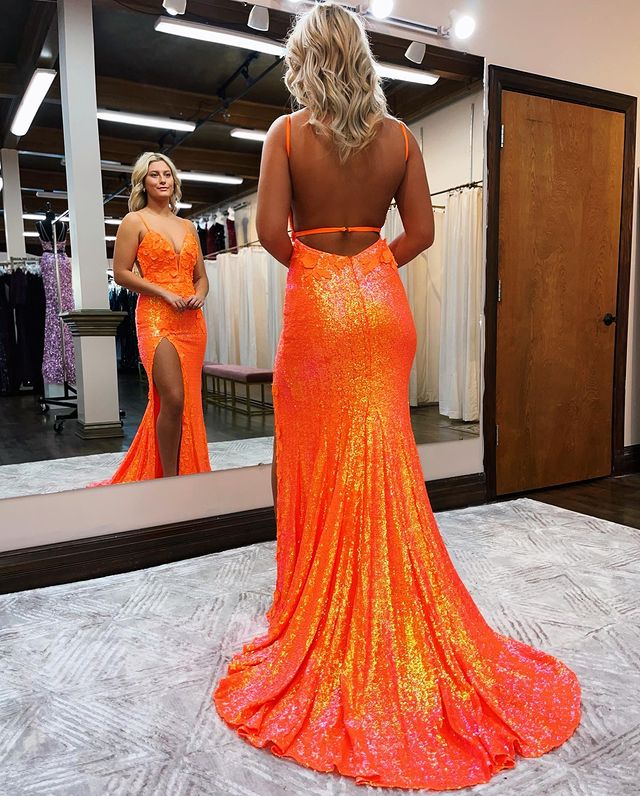 Fashion Mermaid V Neck Orange Sequins Long Prom Dresses with Slit    fg1259