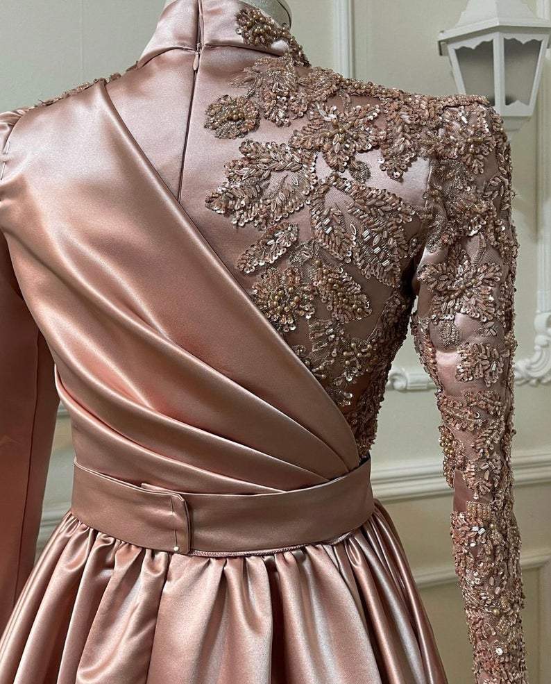 Rose Gold Prom Dress Long Sleeves Dubai Evening Dresses Muslim Women Wedding Party Gowns    fg1492