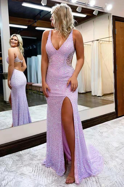 New Style V Neck Sleeveless Long Prom Dress, Sparkly Sequined Evening Dress With Slit   fg1258