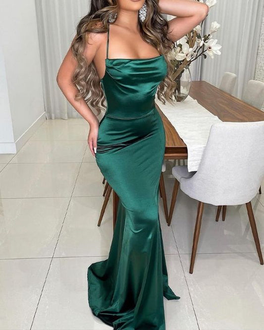 Satin Halter Backless Mermaid Evening Dress    fg2298