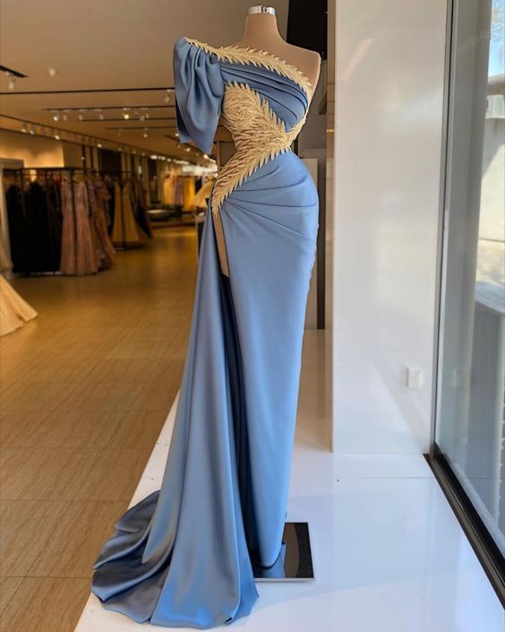 One shoulder evening dress, blue evening dresses, simple prom dress     fg1166