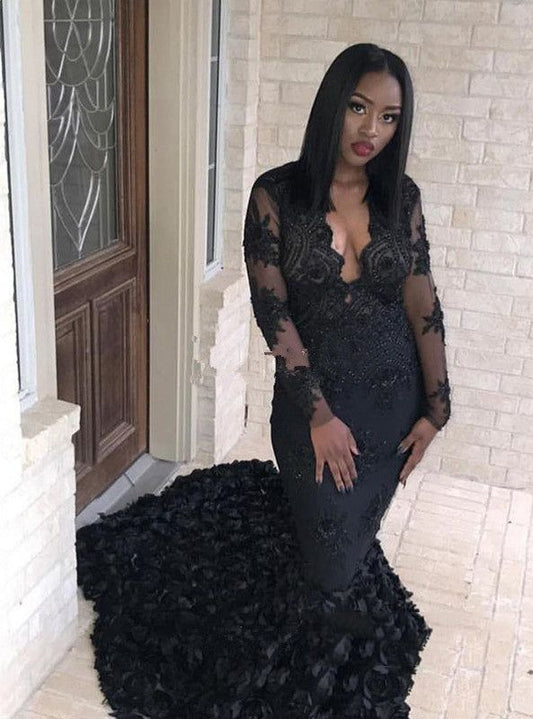 Sexy Black Mermaid Long Sleeves Pleated V Neck African Tulle Long Prom Dresses      fg1639