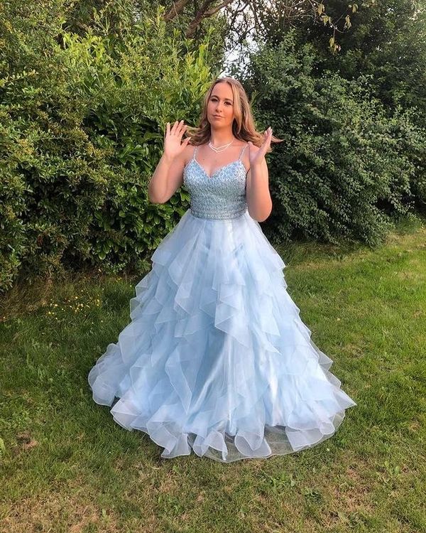 Stunning Ball Gown V Neck Blue Tulle Prom Dresses with Beading     fg2365