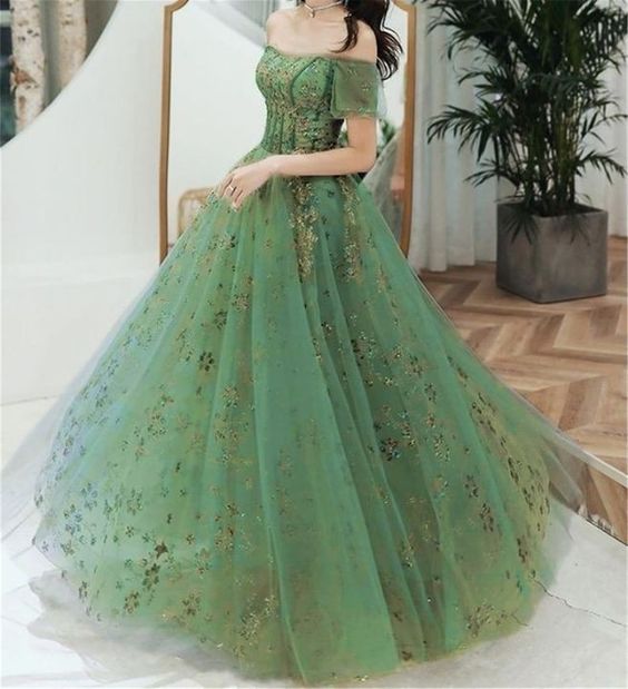 Green Off the Shoulder Long Prom Dress      fg1864