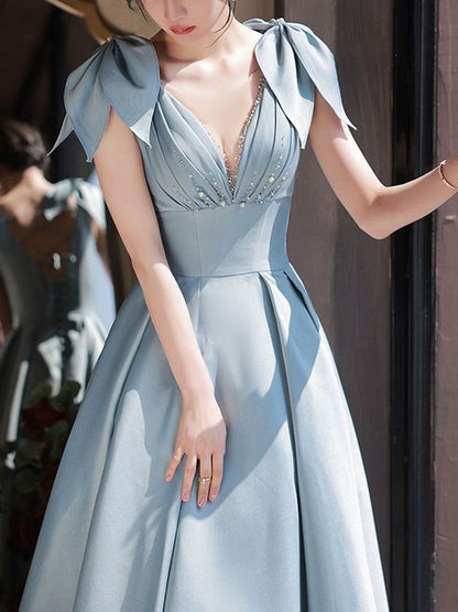 blue v neck satin beads long prom dress, blue evening dress     fg2249