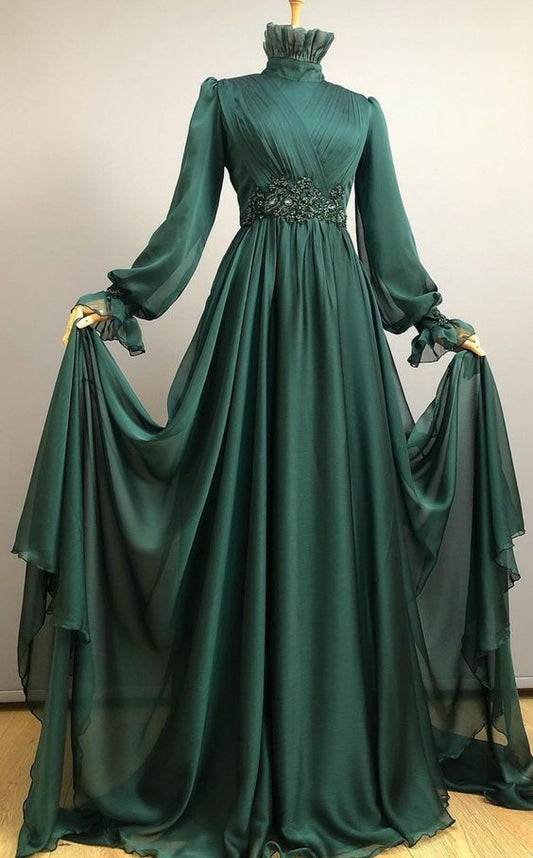 Long Appliques Full Sleeve Muslim Prom Dress High Neck Saudi Arabic A Line Evening Formal Party Gowns   fg1487