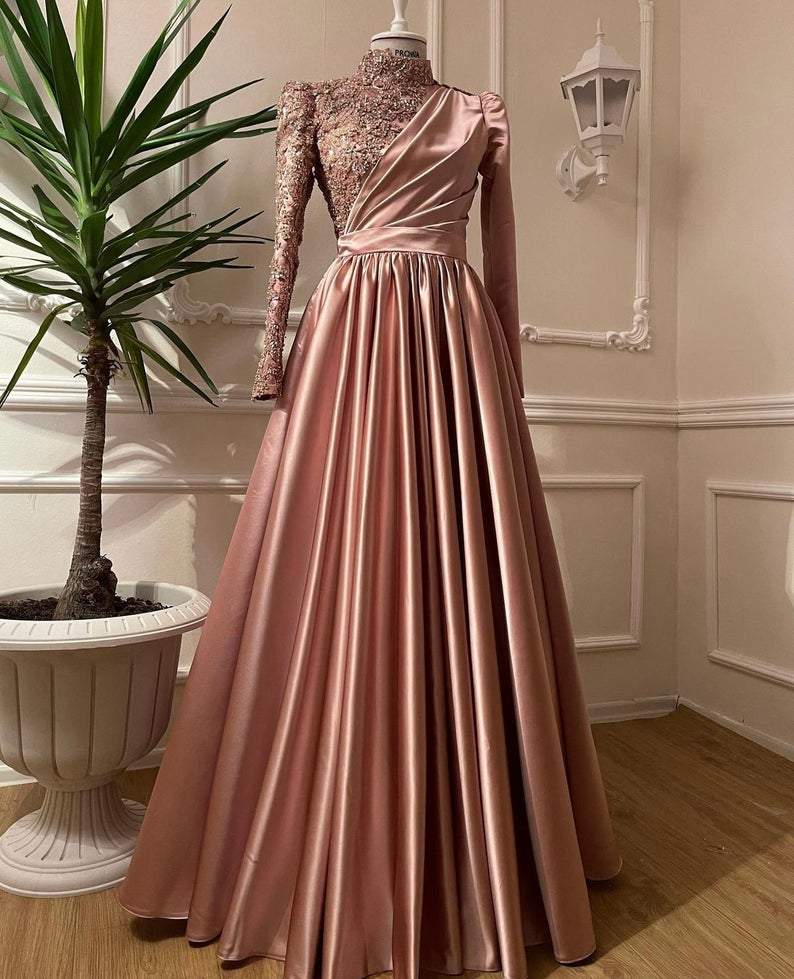 Rose Gold Prom Dress Long Sleeves Dubai Evening Dresses Muslim Women Wedding Party Gowns    fg1492