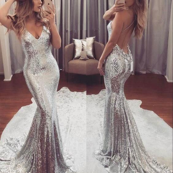 Sparkly Silver V Neck Sleeveless Sequin Mermaid Dress With Train     fg1786