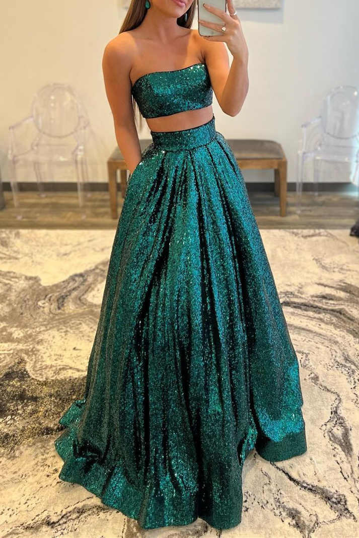 Emerald Green Sequins Two Piece Prom Dress with Pockets     fg1723