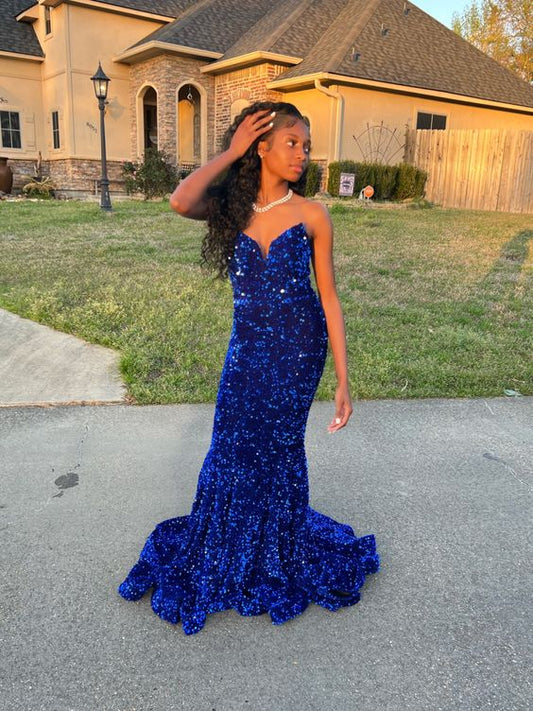 Royal Blue Sequin Prom Dress Women Sexy Dresses Elegant Party Mermaid Dress     fg1949