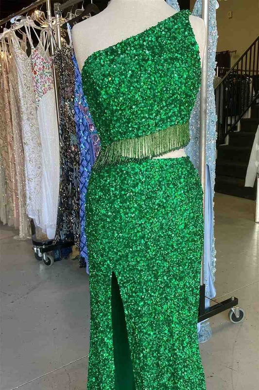 Green Two Piece Sequined One Shoulder Long Party Dress with Tassel    fg1531