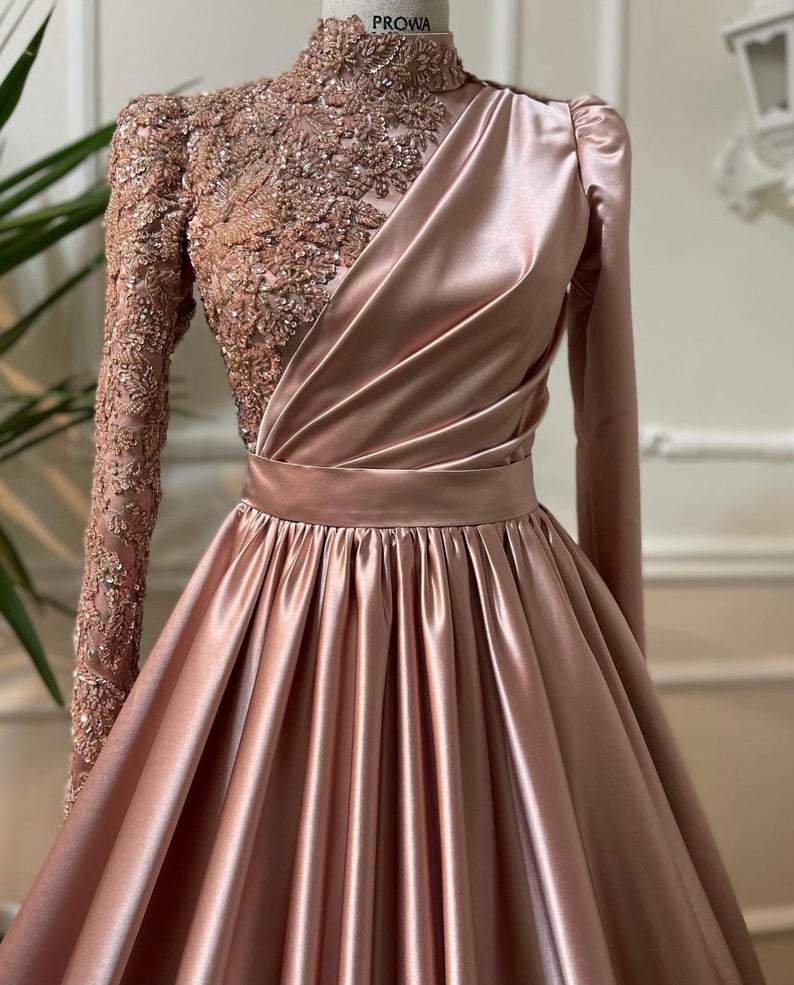 Rose Gold Prom Dress Long Sleeves Dubai Evening Dresses Muslim Women Wedding Party Gowns    fg1492