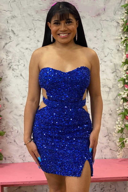 Blue Sequin Strapless Cutout Short Homecoming Dress     fg1525