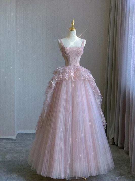 Pink tulle lace long prom dress, pink evening dress      fg3281