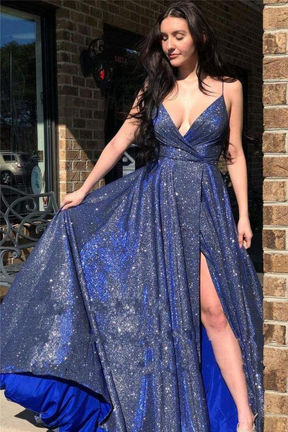 Sparkly V Neck Straps A-Line Long Prom Dress Evening Dress      fg3296