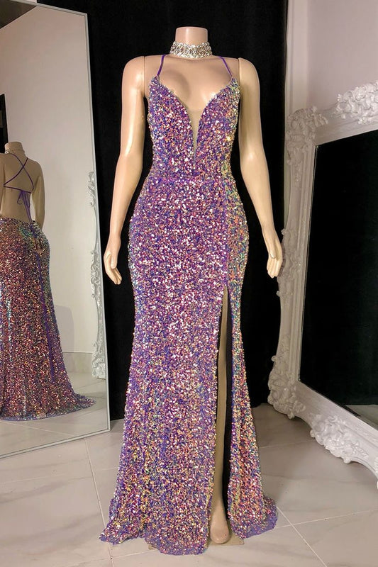 Glittering Spaghetti-Straps Sequins Prom Dress Mermaid Sleeveless With Slit   fg3313