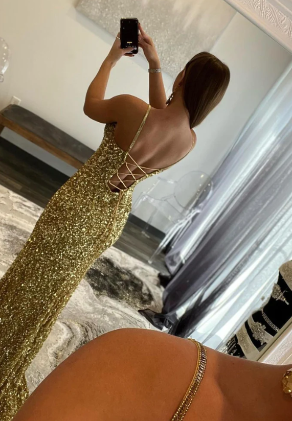 Mermaid sequins long prom dress gold evening dressn      fg1390