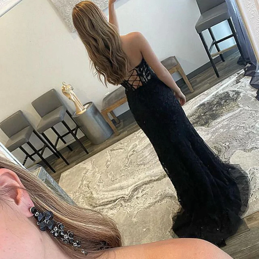 Strapless Mermaid Beaded Black Lace Long Prom Dresses, Mermaid Black Formal Dresses, Black Lace Evening Dresses      fg2236