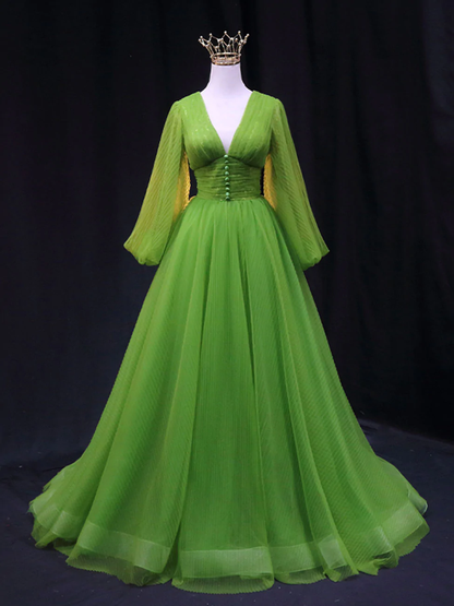 Green A Line Long Prom Dresses, V Neck Green Tulle Long Formal Evening Dresses    fg2229