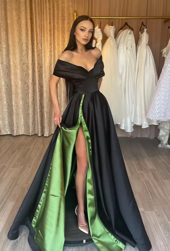 Black satin long prom dress A-line evening dress     fg1102