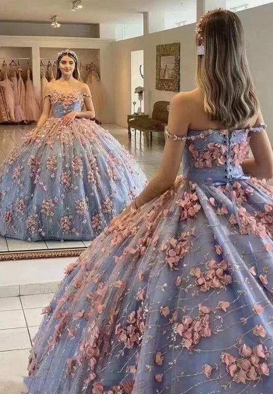 Ball Gown Off The Shoulder Prom Dress With Flowers, Gorgeous Long Quinceanera Dress       fg1691