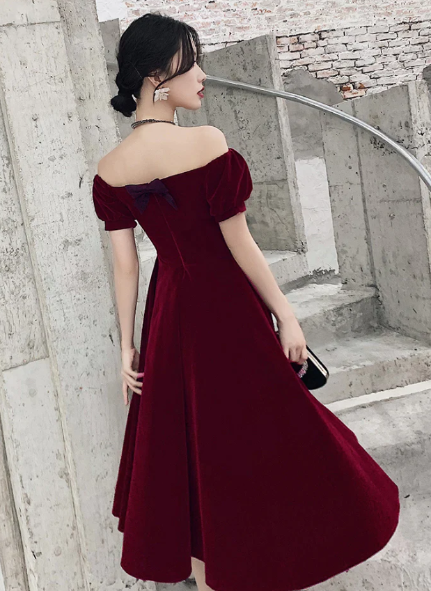 Wine Red Short Velvet Evening Dresses, Off Shoulder Prom Dresses Bridesmaid Dress   fg1434