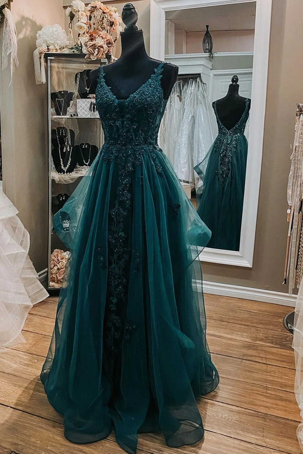 V Neck Open Back Dark Green Lace Beaded Long Prom Dresses, Dark Green Lace Formal Dresses, Dark Green Evening Dresses      fg2268