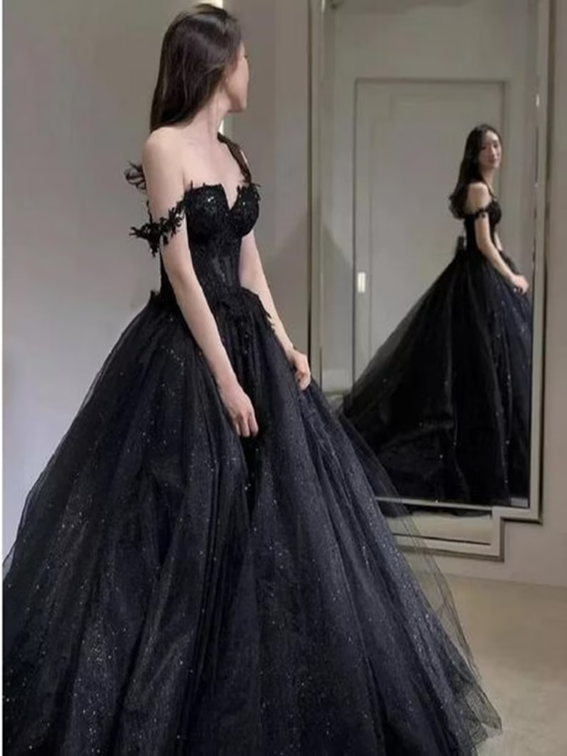 Lace Applique Tulle Dress, Black Glitter Wedding Dress, 3D Flowers Long Evening Gown     fg2942