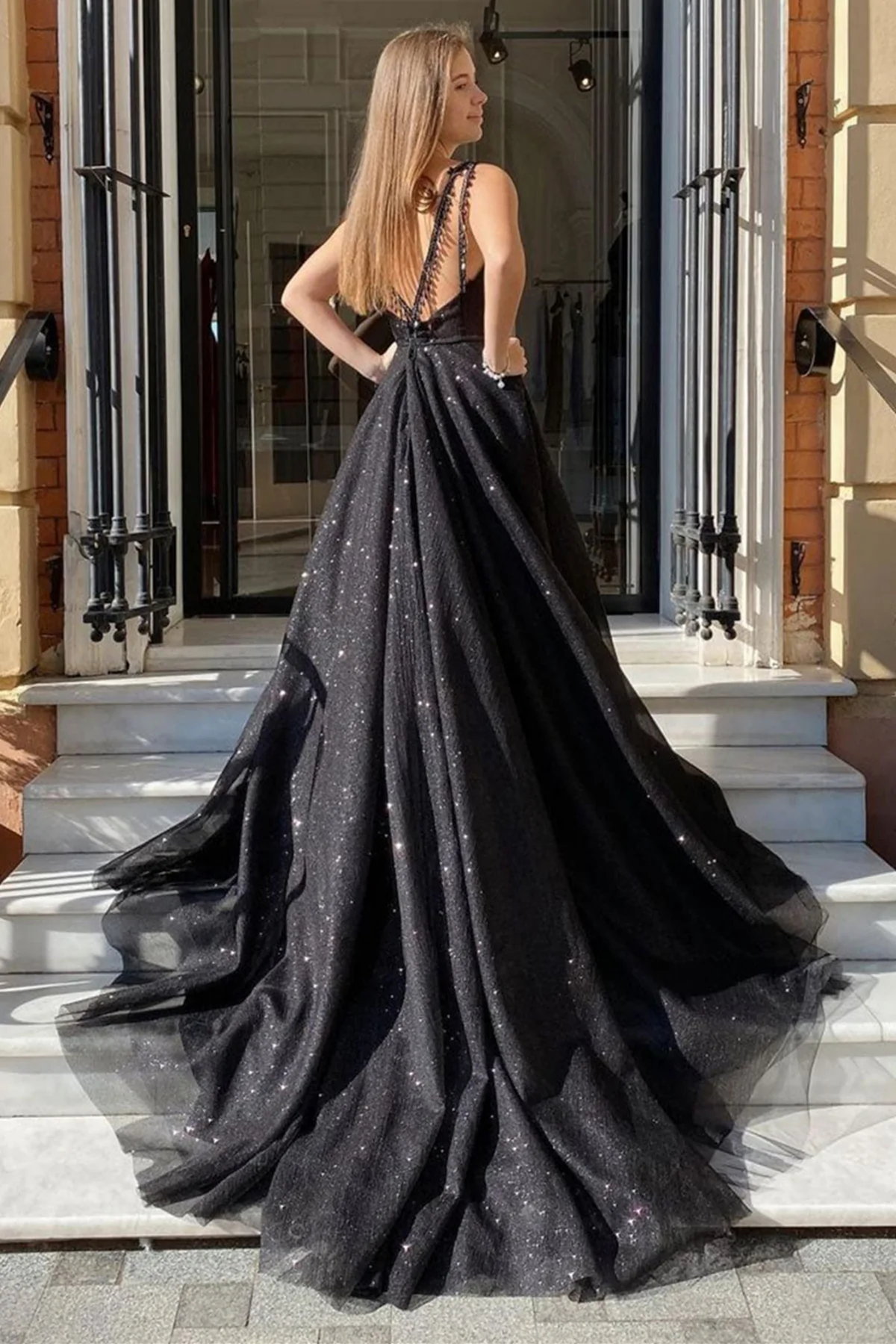 Shiny Tulle V Neck Open Back Black Long Prom Dresses with High Slit, Sparkly Black Tulle Formal Graduation Evening Dresses     fg3076