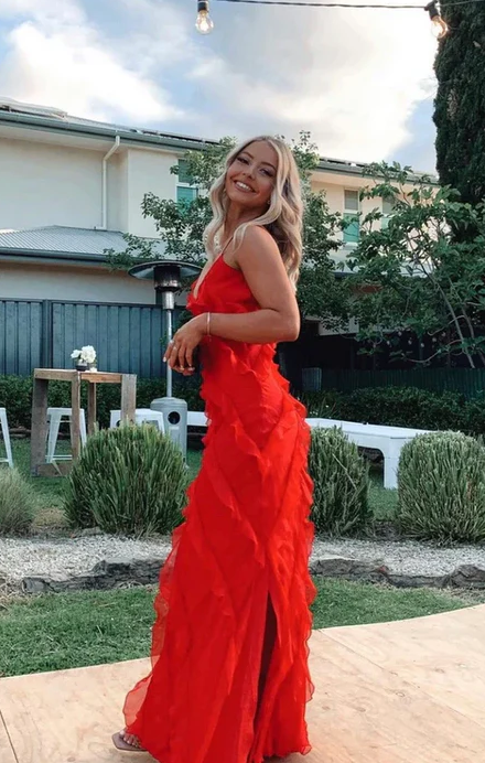 Red Ruffles Long Formal Dress Elegant Evening Dress    fg1806