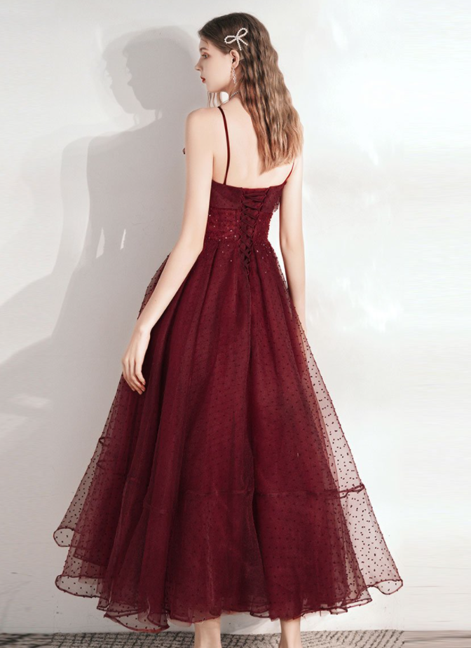 Burgundy sweetheart tulle tea length prom dress       fg2804