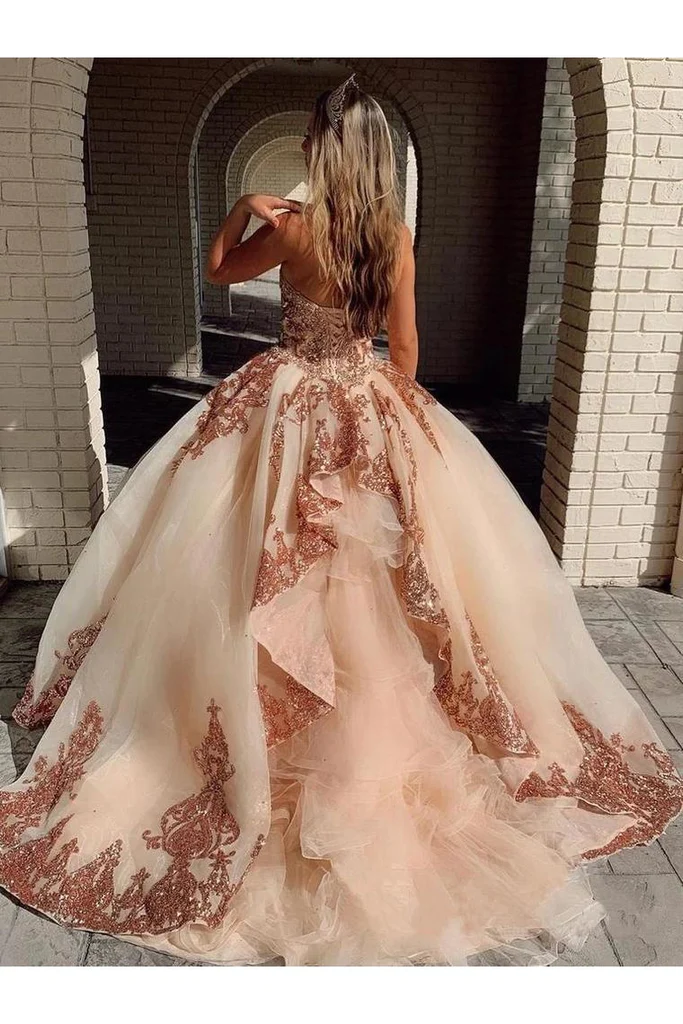 Champagne Tulle Rosewood Appliques Sweetheart Neckline Sweetheart Ball Gown Quinceanera Dresses Prom Dresses    fg2497