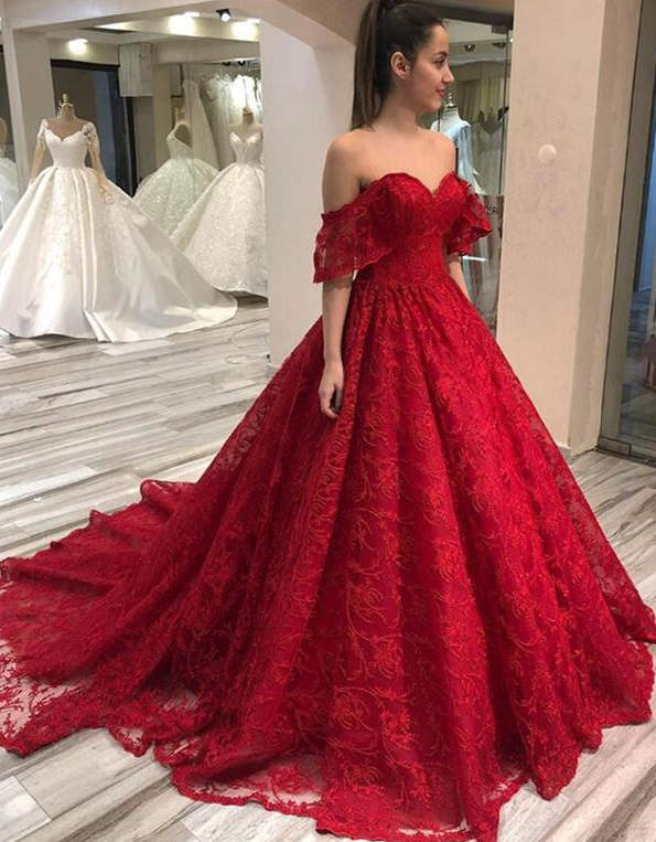 Off The Shoulder Lace Long Prom Dresses Chapel Train Party Dresses    fg1653