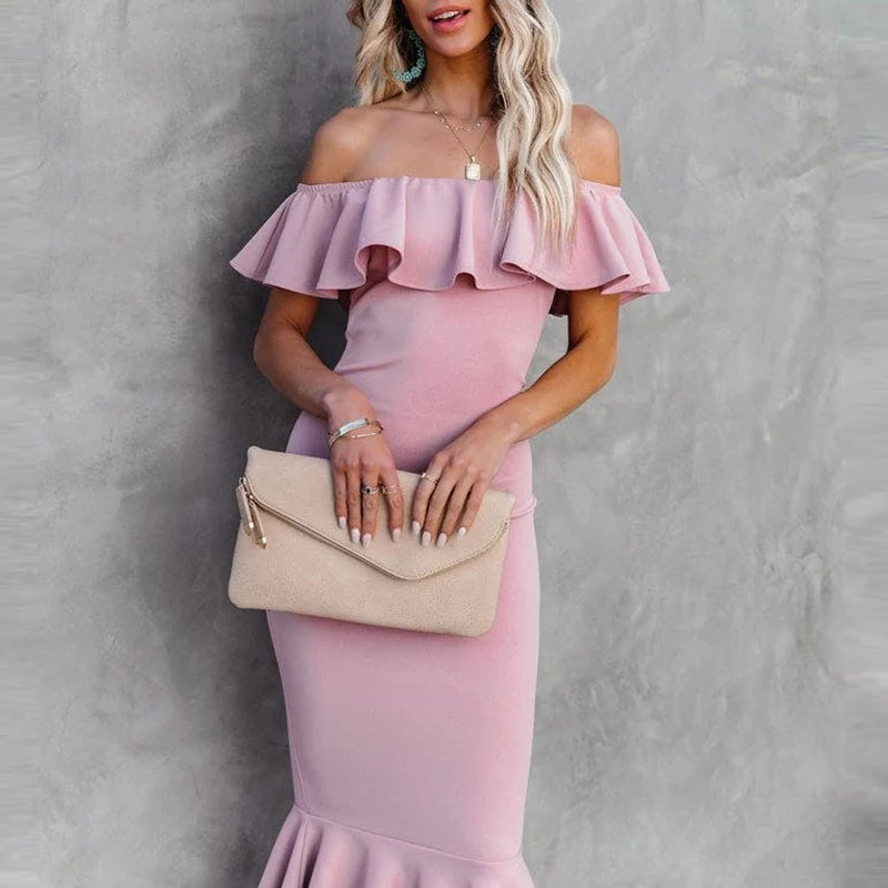 Casual Solid Color Off Shoulder Slim Vestido Women Summer Sexy Ruffle Slash Neck Dresses Elegant Simple Midi Party Mermaid Dress     fg1945