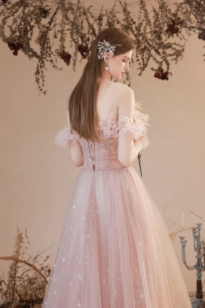 Pink tulle long prom dress A-line evening dress     fg2222